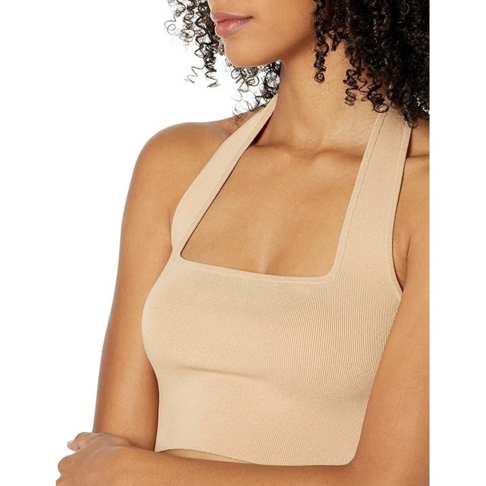 Luxe Ribbed Halter Crop Top XS Beige Viscose Blend NWT Fitted Square Neck - Picture 4 of 5